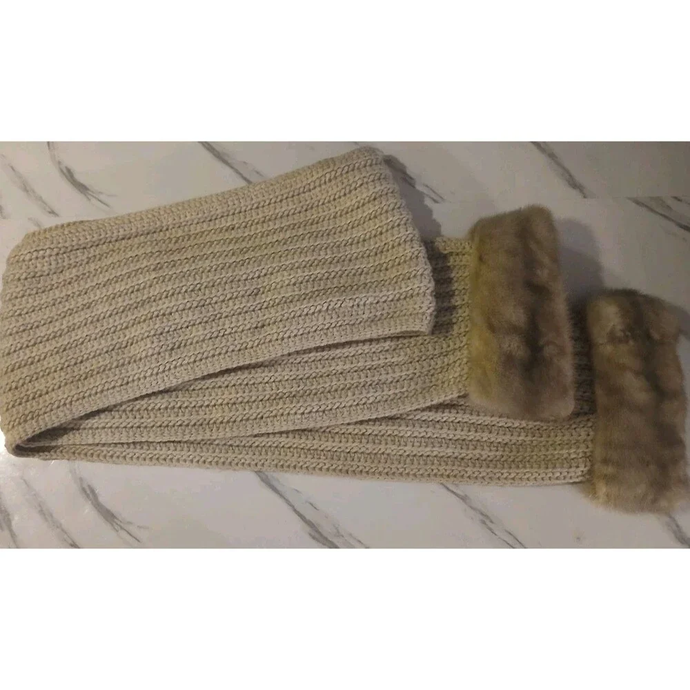 Handmade Cozy Chic Beige Long Scarf Fur Trim 92inch - Picture 2 of 6